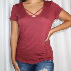 Burgundy cross front tee